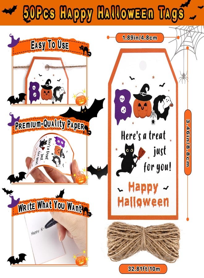 Etercycle Halloween Tags, 50pcs Happy Halloween Tag with String, Cute Boo Label Halloween Decorative Hang Wrap Tags for Candy Bag, Goodie Gift Bags, Trick Or Treat Party Favor Decoration Supplies - Image 2
